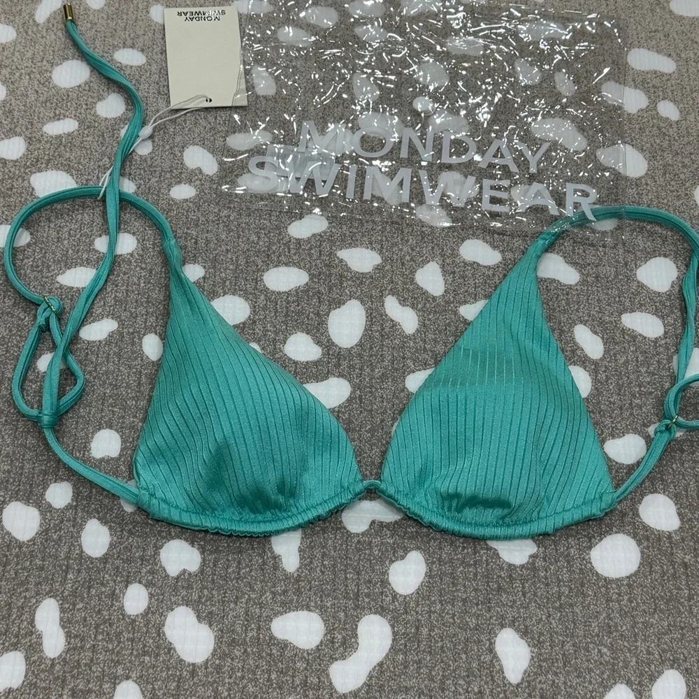NWT Monday Swimwear bikini top Kauai turquoise wide rib open back triangle